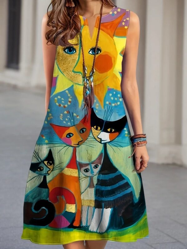 Lauren - Robe midi sans manches à col en V et motif chat coloré