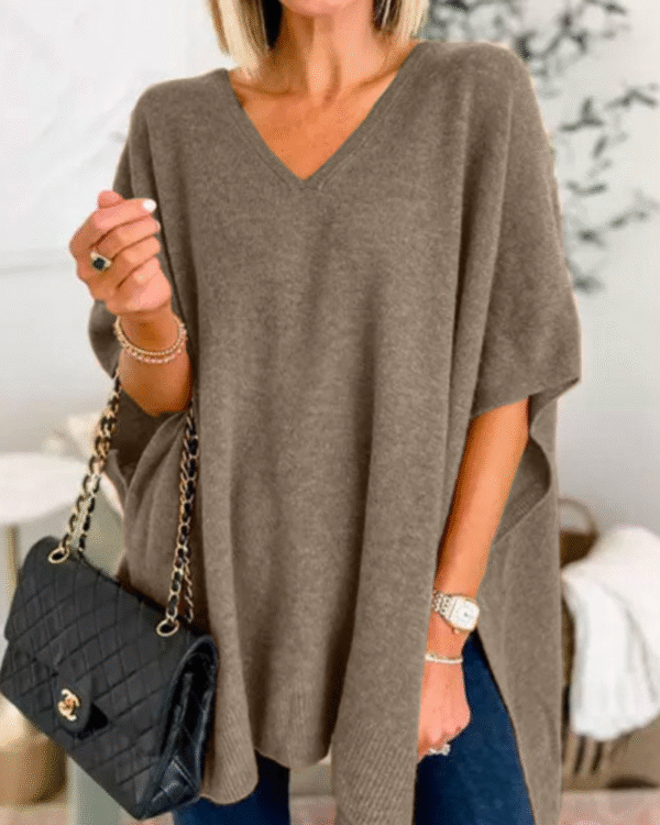 Adeline - Pull-over poncho solide à col V et coupe ample – Image 2