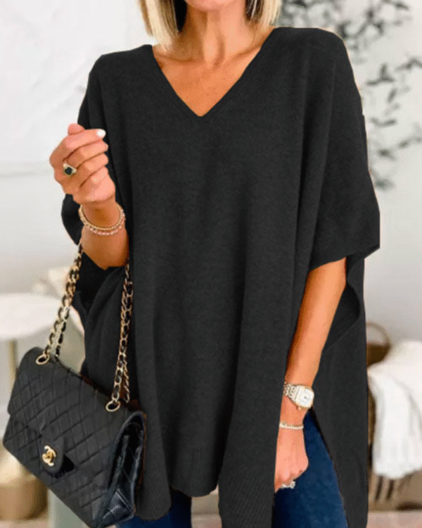 Adeline - Pull-over poncho solide à col V et coupe ample – Image 3
