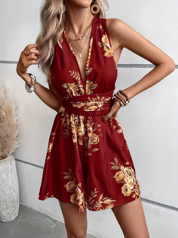 Clarinda - Combinaison à col en V profond et imprimé floral pour femme, nouée sur le devant – Image 3