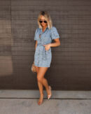 Cressida - Robe en jean à manches bouffantes, patte de boutonnage et ceinture