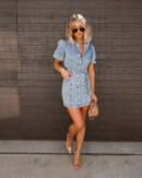 Cressida - Robe en jean à manches bouffantes, patte de boutonnage et ceinture