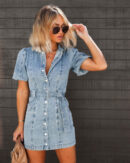 Cressida - Robe en jean à manches bouffantes, patte de boutonnage et ceinture