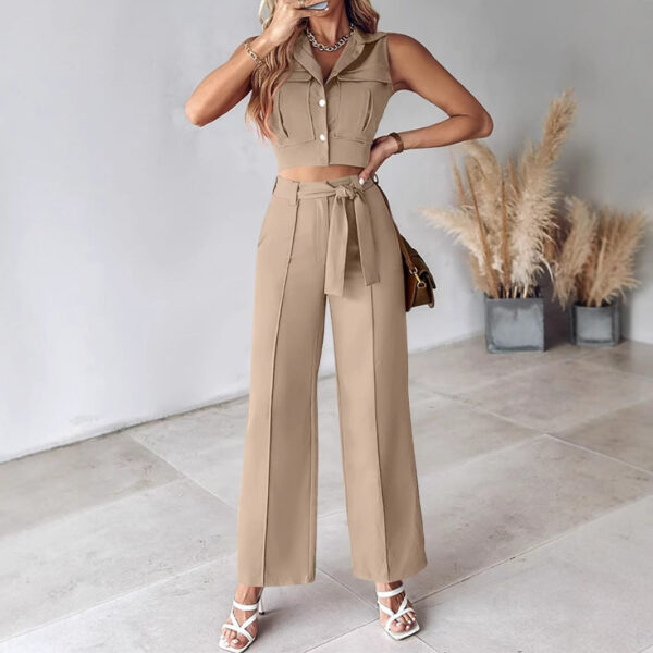 Lourdes - Haut sans manches élégant et pantalon large avec ceinture à la taille – Image 3