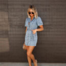 Cressida - Robe en jean à manches bouffantes, patte de boutonnage et ceinture