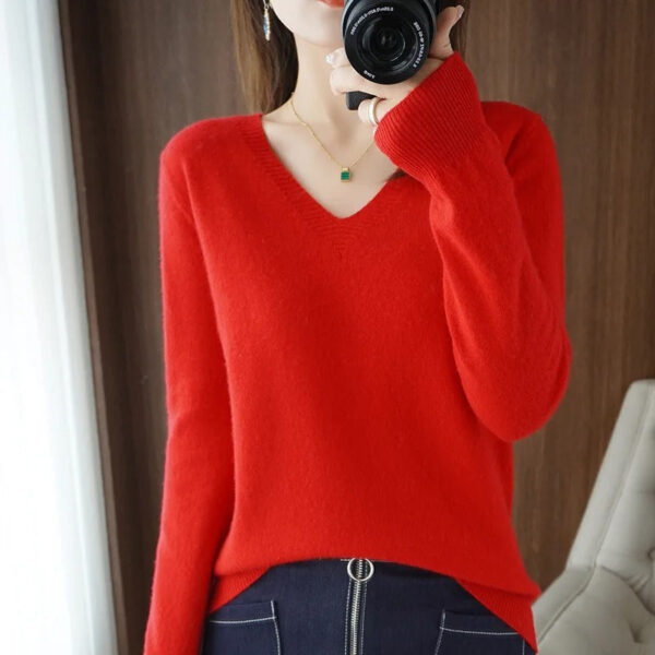 Eileen -  Pull tricoté chaud à col en V pour femme – Image 4