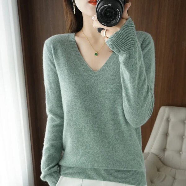 Eileen -  Pull tricoté chaud à col en V pour femme – Image 3